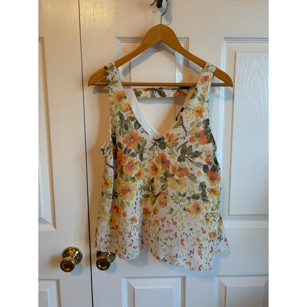 Lavish Floral V-Neck Tank Top Cutout Back Sleeveless Blouse Yellow Orange Small